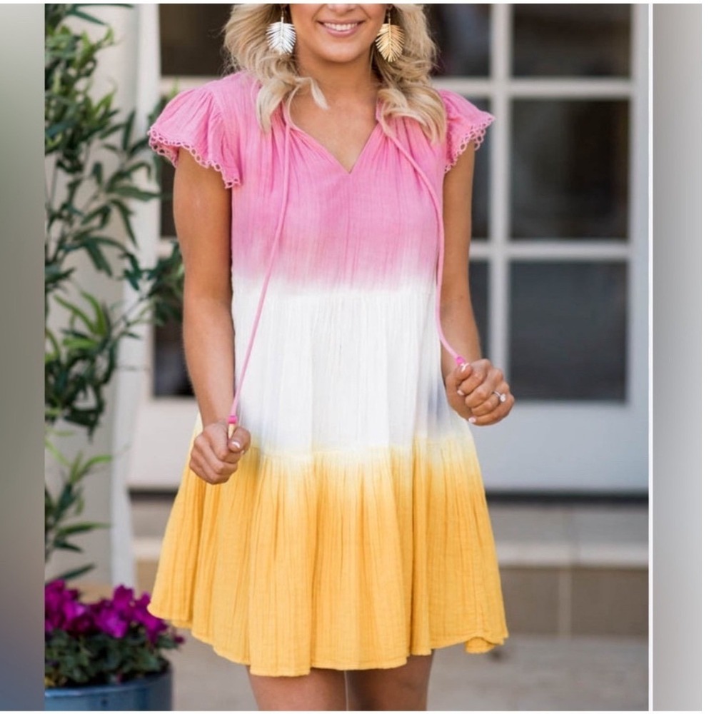 THML Tie Dye Dress Tiered Ruffle Sleeve Casual‎ Mini Dress Bohemian Size Small
